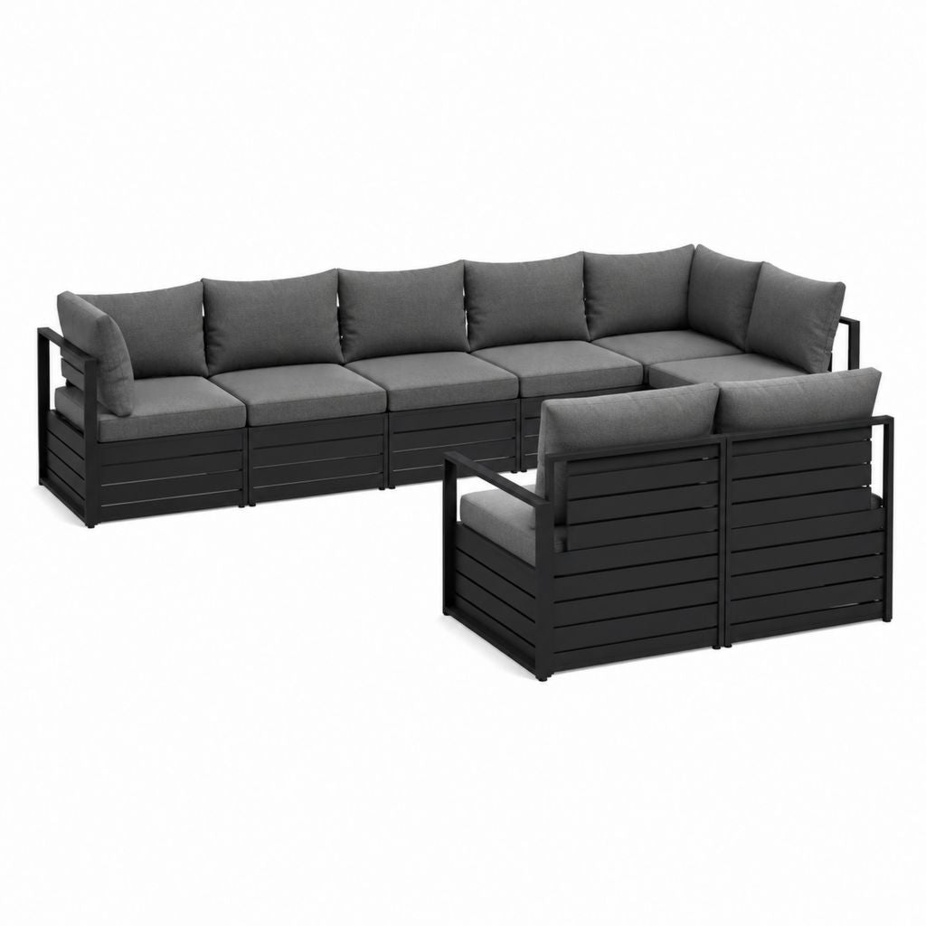Salon de jardin modulaire 6 places anthracite en aluminium et polyester 300 x 230 x 70 cm