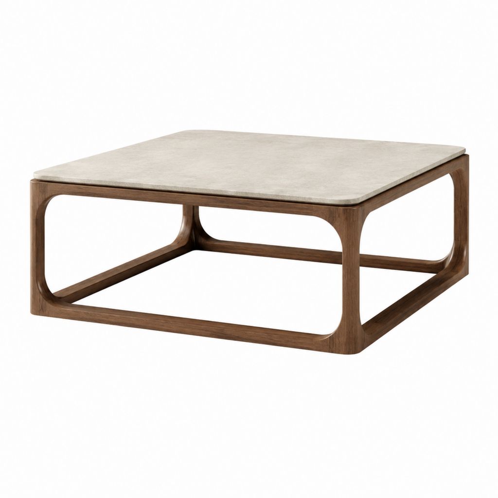 Table basse carrée beige et noyer en céramique et bois massif 100 x 100 x 35 cm