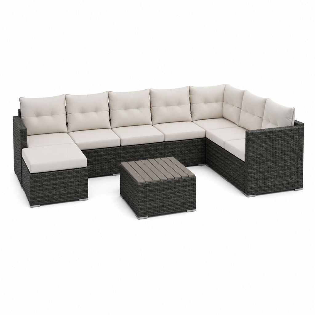 Salon de jardin modulable 7 pièces en U anthracite et beige en résine tressée PE 280 x 210 x 60 cm