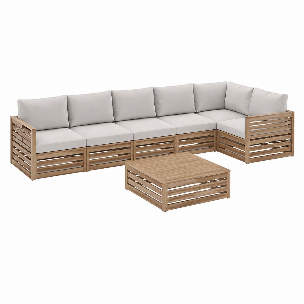 Salon de jardin d'angle 5 places en acacia massif beige avec table basse 280 x 210 cm