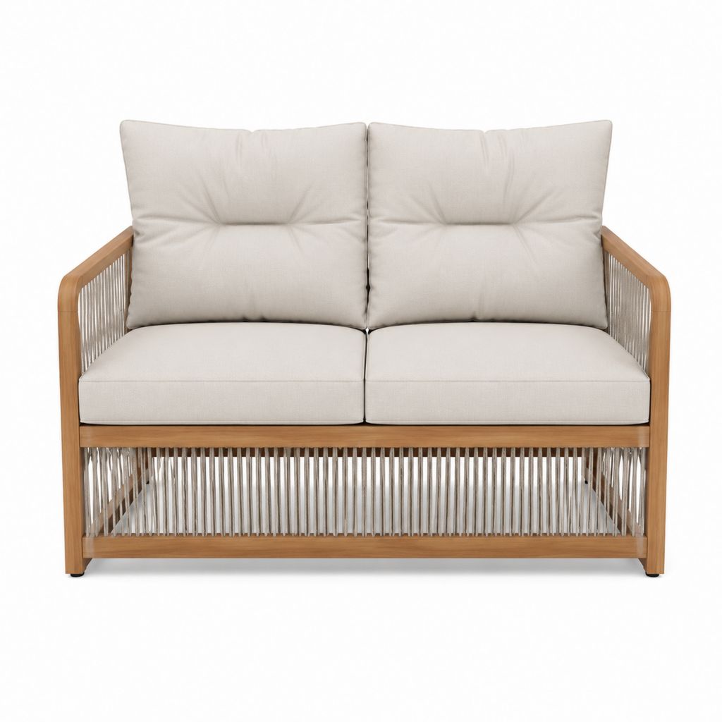 Canapé de jardin 2 places beige en acacia massif et corde polyester 130 x 75 x 80 cm