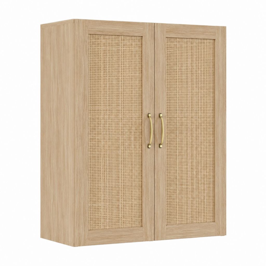 Armoire de chambre 2 portes chêne clair en panneaux de particules et cannage rectangulaire 80 x 40 x 180 cm