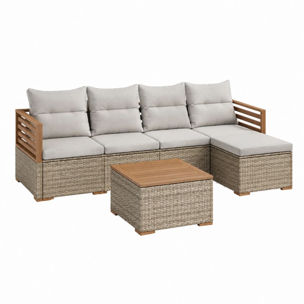 Salon de jardin d'angle 4 places avec table basse beige et gris en résine tressée PE 280 x 140 x 65 cm