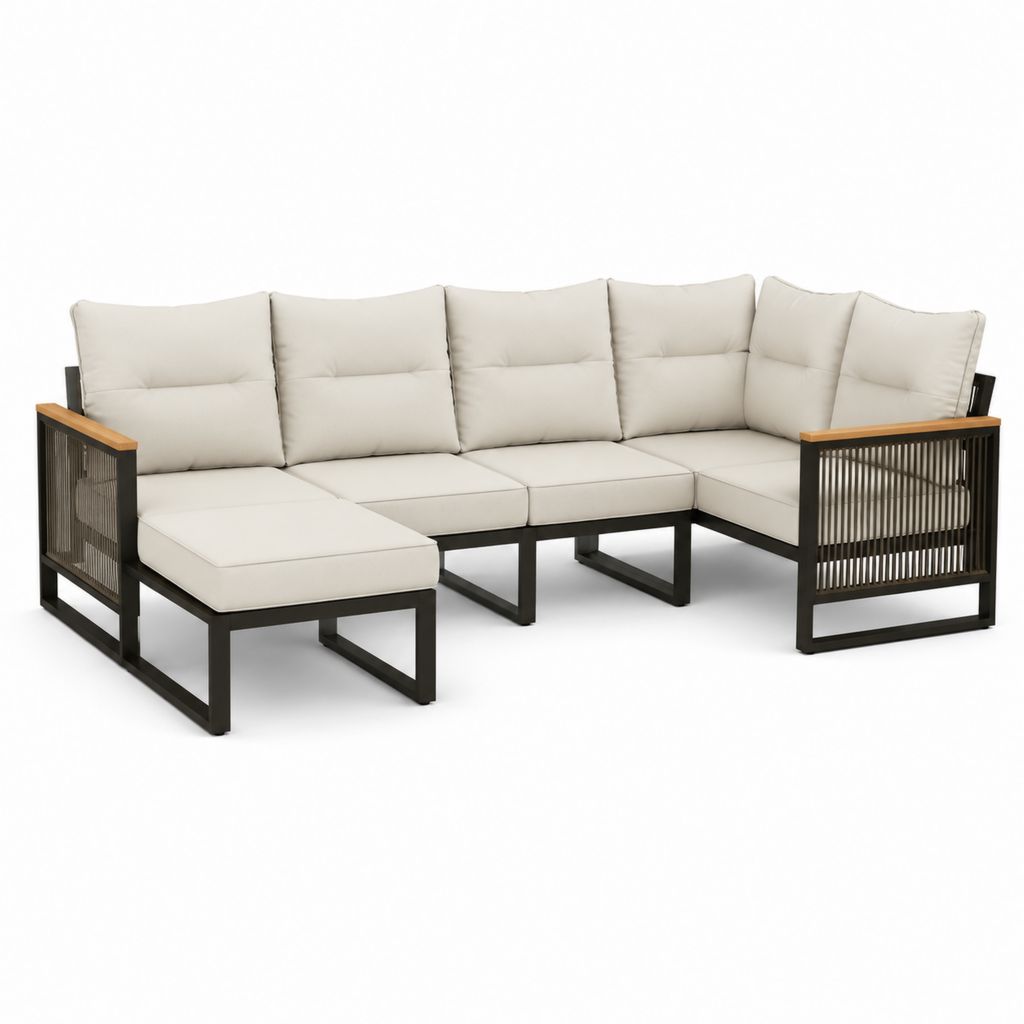 Canapé de jardin d'angle 5 places en L beige et noir en aluminium et acacia 270 x 210 x 78 cm