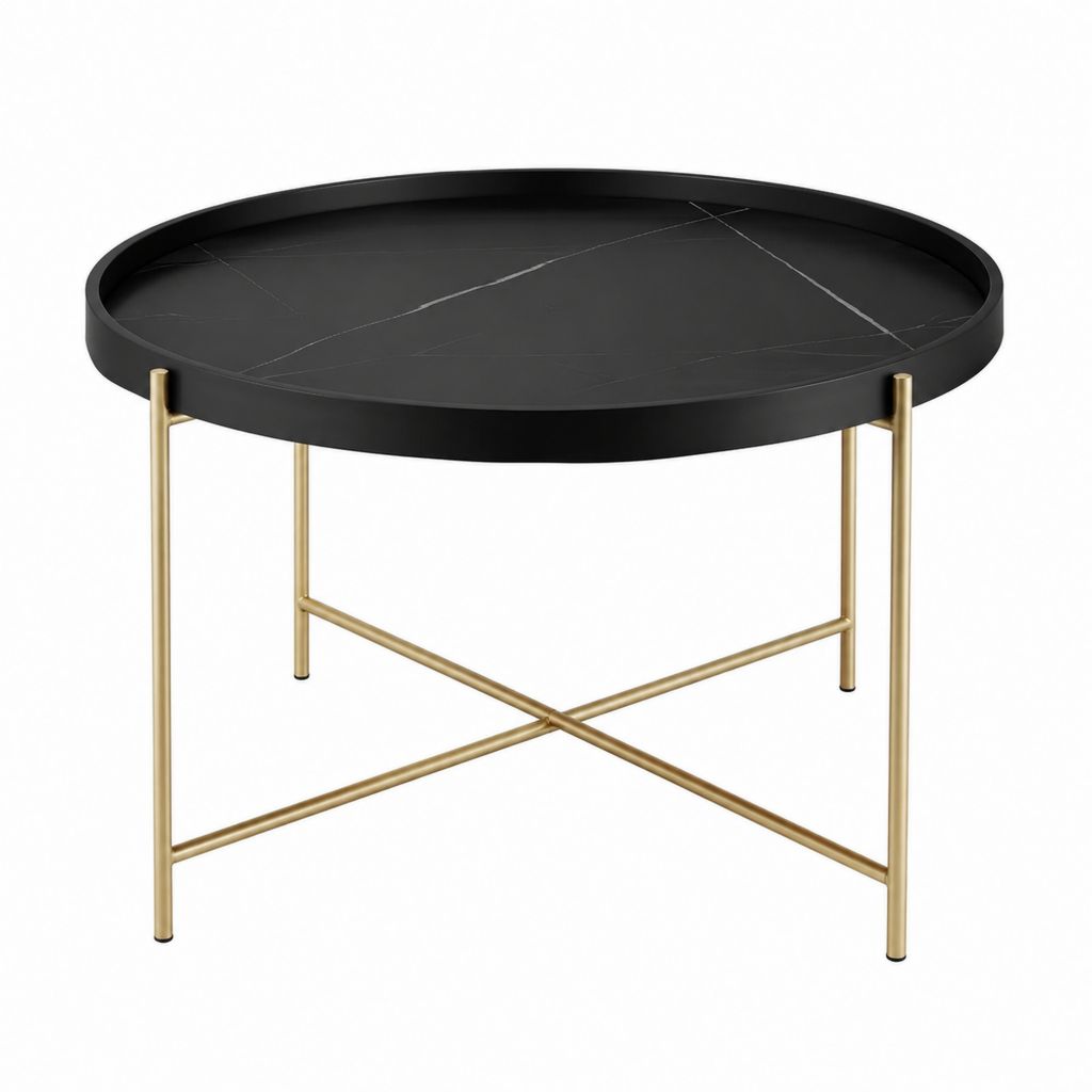 Table basse ronde noire effet marbre avec piètement acier doré Ø80 x H45 cm
