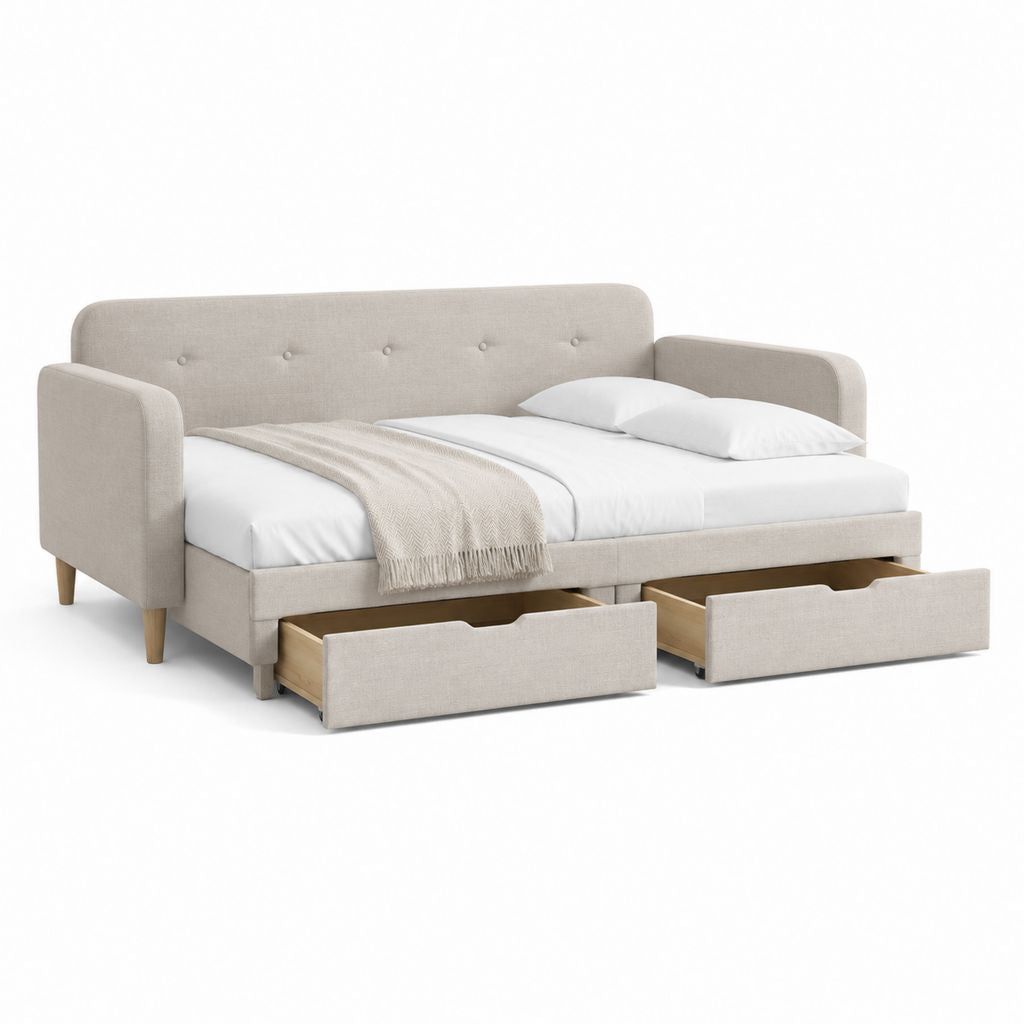 Canapé-lit 2 places beige en polyester rectangulaire avec 2 tiroirs 140 x 200 cm 220 x 162 x 88 cm