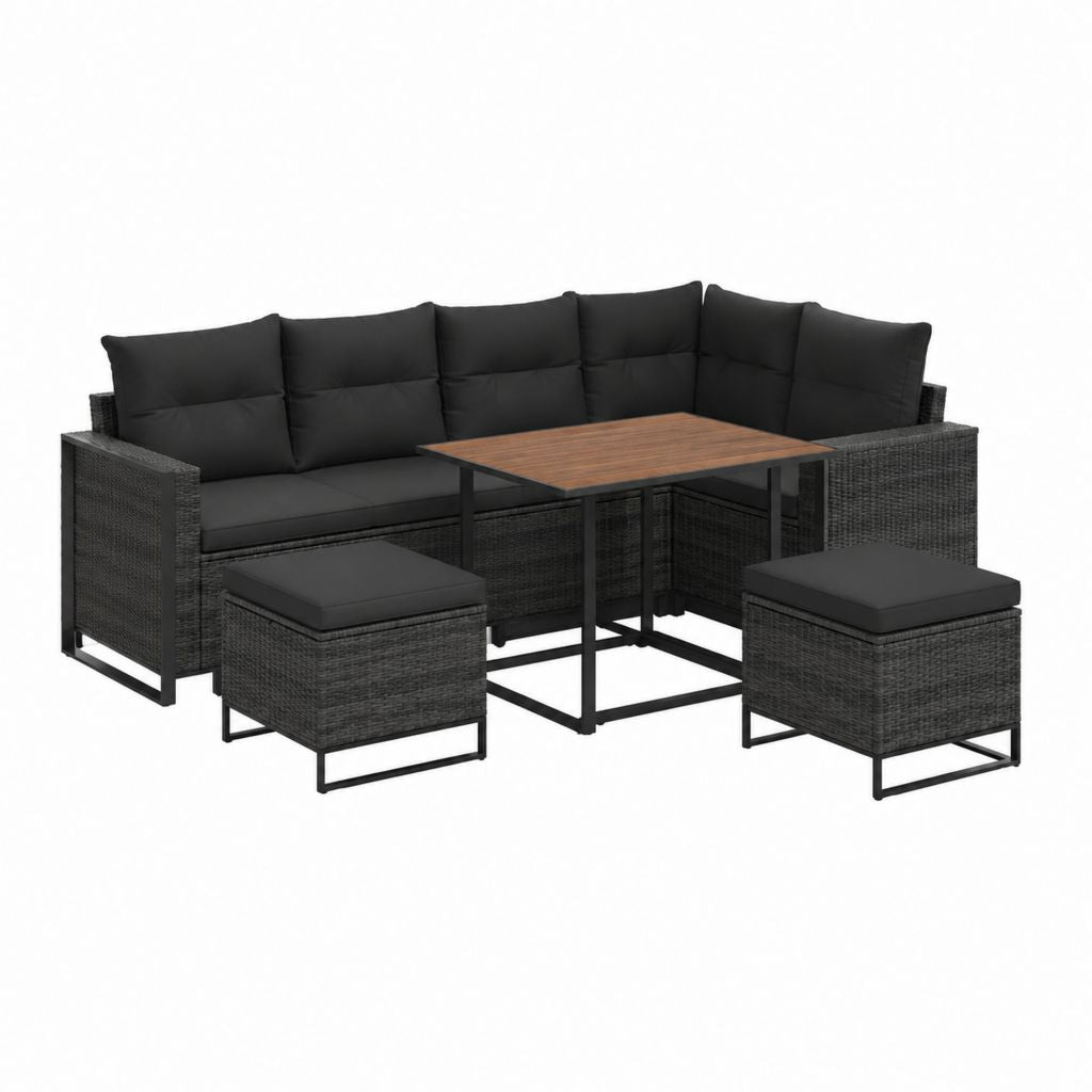 Salon de jardin d'angle 5 pièces noir en résine tressée PE avec coussins canapés 120 x 65 x 63 cm table 110 x 60 x 65 cm poufs 40 x 40 x 35 cm