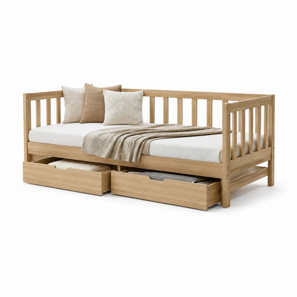 Lit banquette avec 2 tiroirs en pin massif naturel 90 x 200 cm