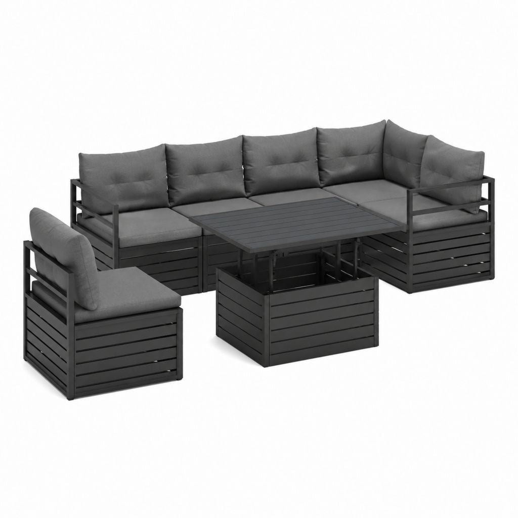 Salon de jardin d'angle 5 places avec table relevable noir anthracite en aluminium 215 x 215 cm