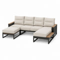 Salon de jardin modulable 4 places en aluminium noir et acacia avec coussins beige 290 x 175 x 76 cm