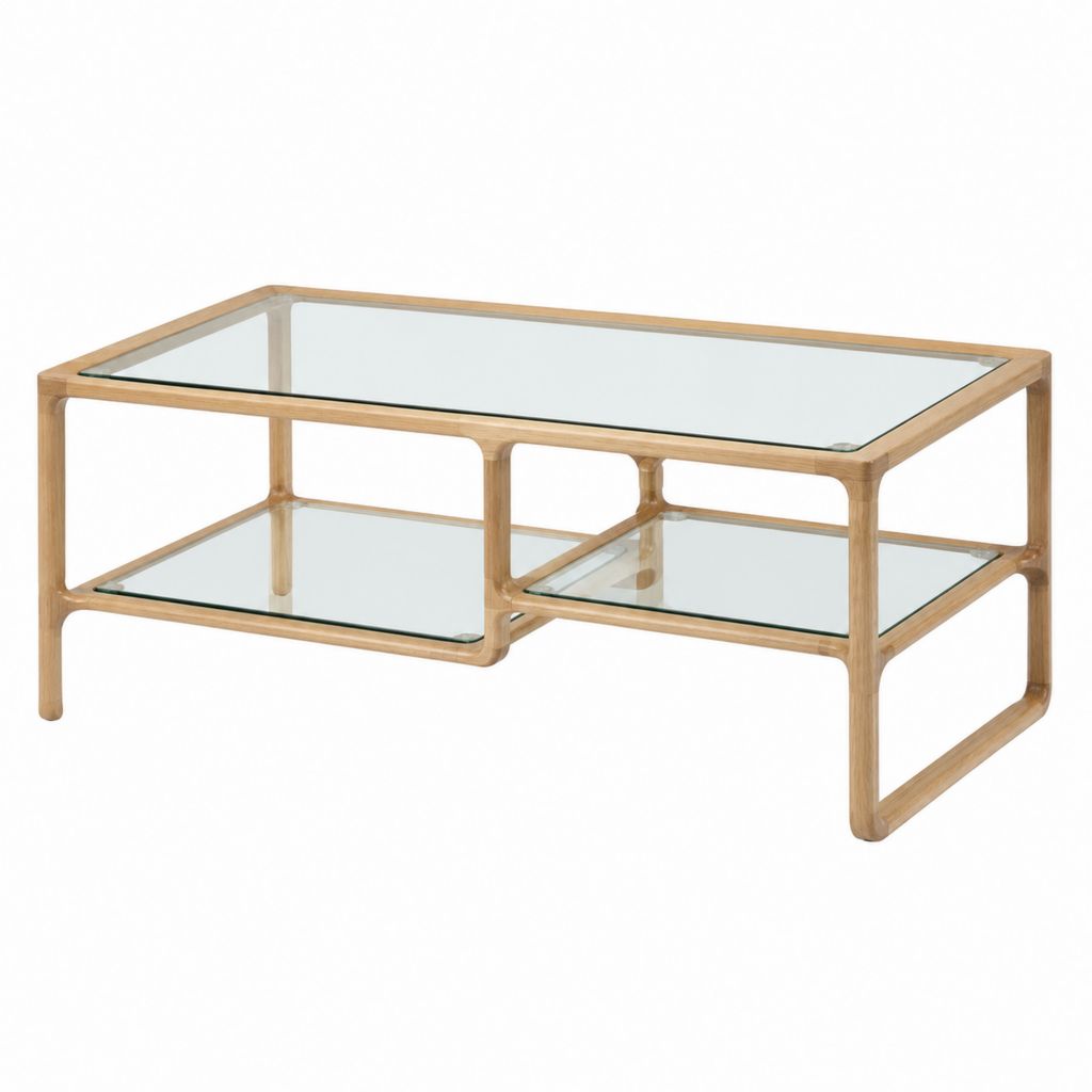 Table basse rectangulaire naturelle en bambou et verre transparent 120 x 60 x 45 cm