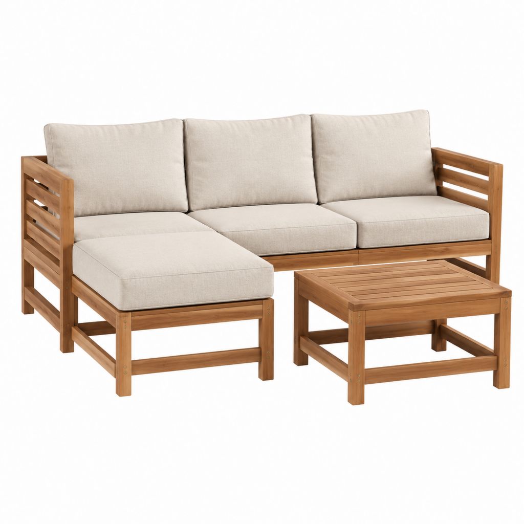 Salon de jardin d'angle 4 places avec table basse beige en acacia massif 200 x 125 x 76 cm