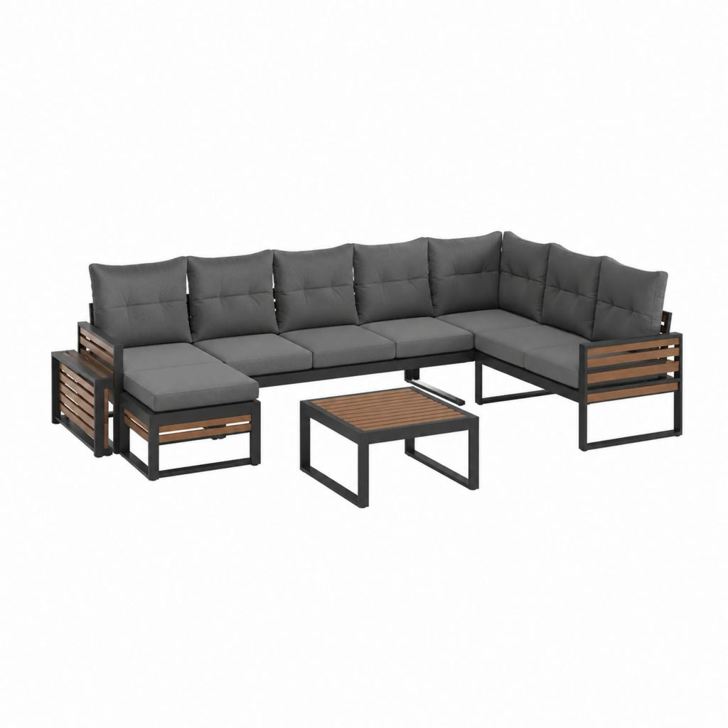 Salon de jardin d'angle 7 pièces gris anthracite acier thermolaqué acacia massif 280 x 210 x 65 cm