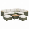 Salon de jardin d'angle 7 pièces vert olive en bois massif d'acacia avec coussins écrus 252 x 252 x 70 cm