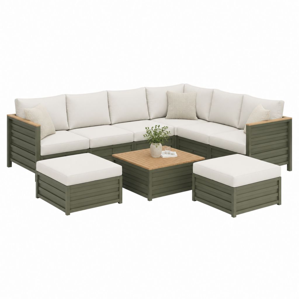 Salon de jardin d'angle 7 pièces vert olive en bois massif d'acacia avec coussins écrus 252 x 252 x 70 cm
