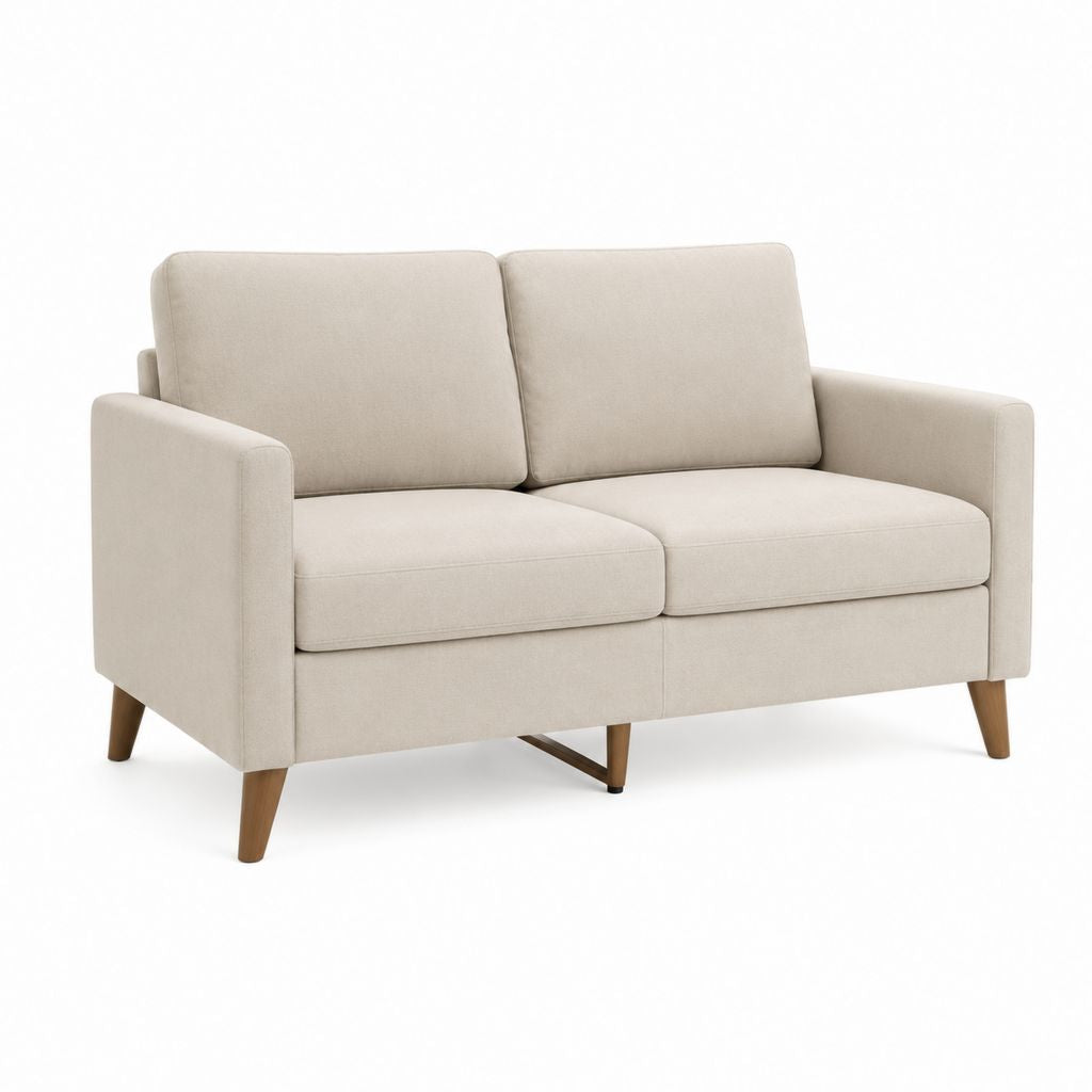 Canapé 2 places beige en polyester avec pieds en bois massif 145 x 82 x 85 cm